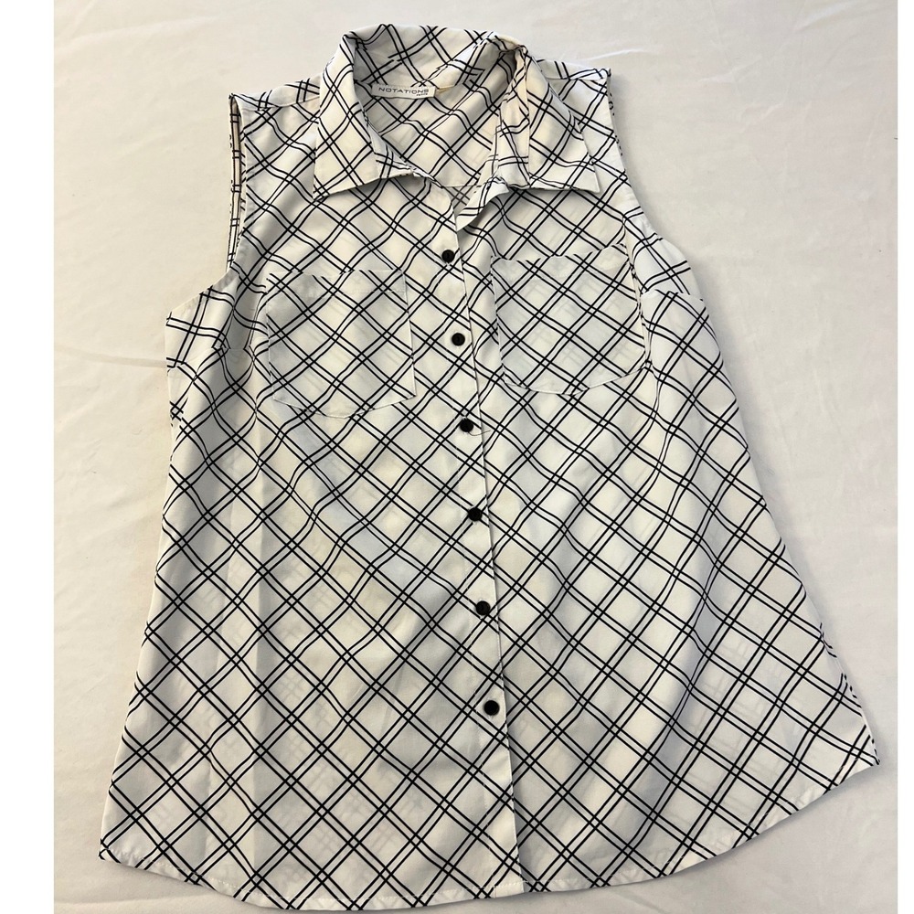 Notations Petite Womens PM Sleeveless Button Up Blouse White Black Plaid
